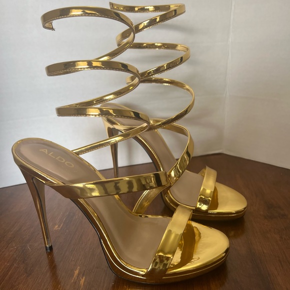 ALDO Katswirl Gold Metallic Spiral Strappy Stiletto Heels Sandals Women’s 8 38.5 - Picture 4 of 12
